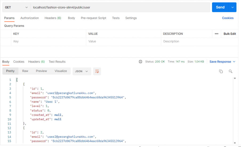 Postman daftar user Slim4 Eloquent